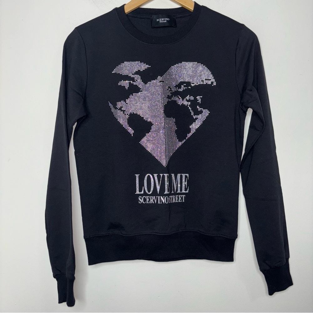SCERVINO STREET Sweater Love Me Black Embellished Long Sleeve Sweatshirt S Italy